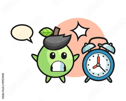 Cartoon illustration of guava is surprised with a giant alarm clock