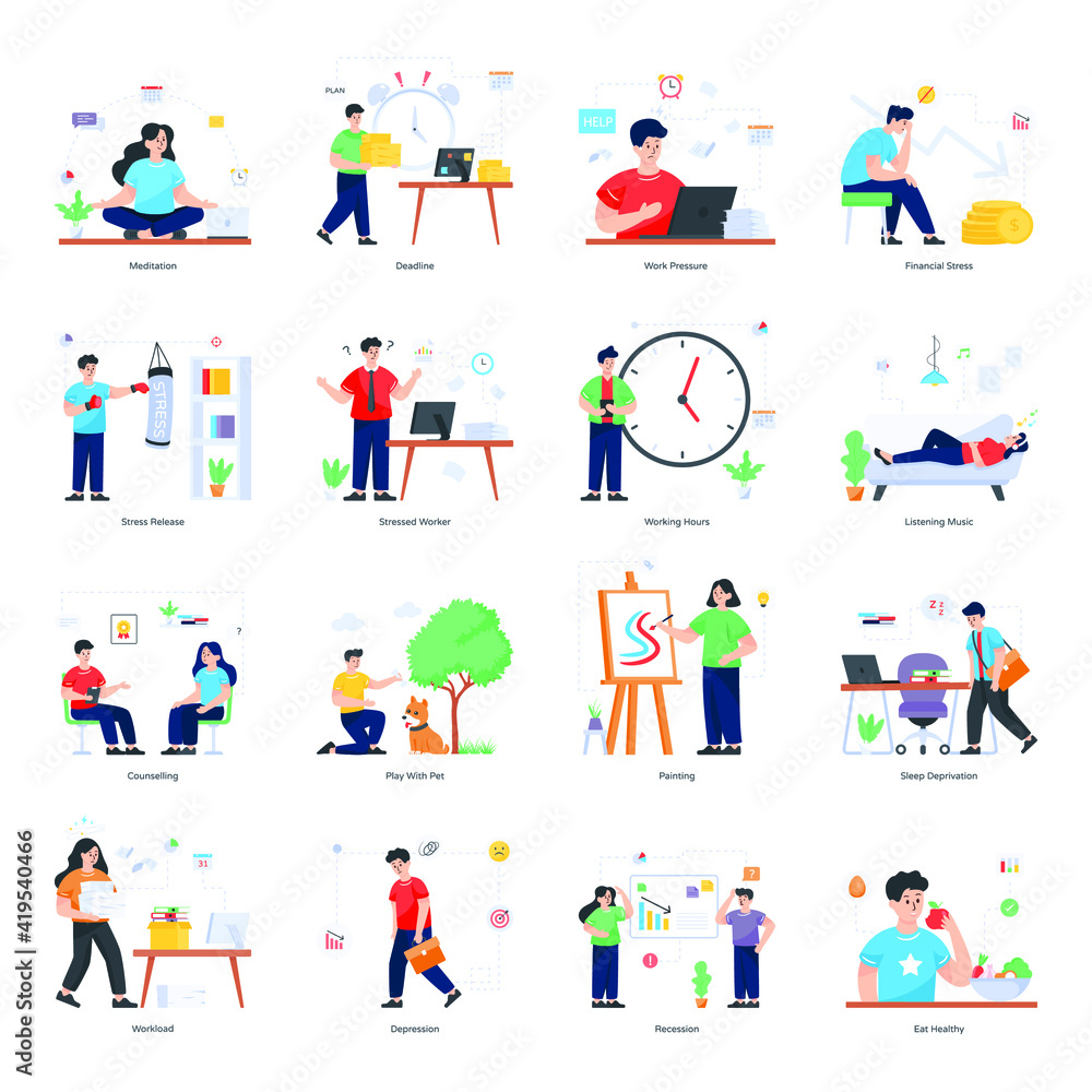 
Pack of Stress Release Flat Illustrations 

