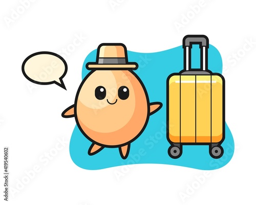 Egg cartoon illustration with luggage on vacation