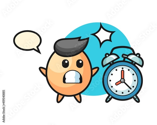 Cartoon illustration of egg is surprised with a giant alarm clock