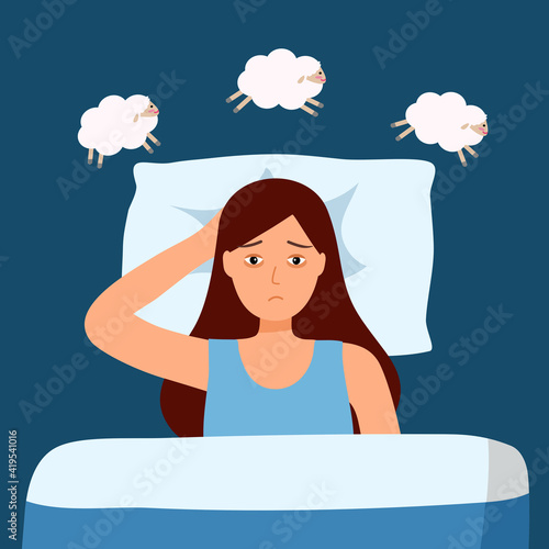 Sleepless woman suffering from insomnia and counting sheep. Female with open eyes in darkness night lying on bed concept vector illustration. Young woman try to sleep under blanket.