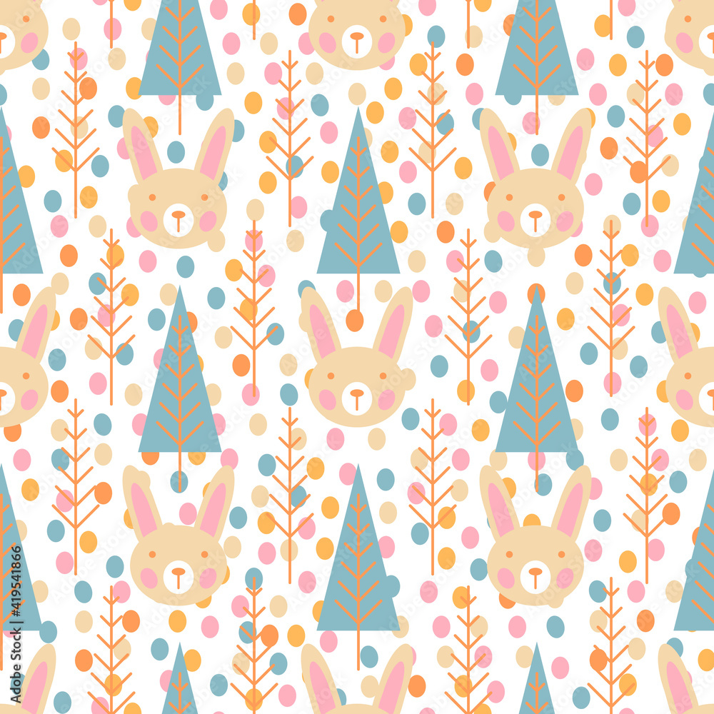 Plakat Cute hand drawn nursery seamless pattern with wild animals hare and trees in scandinavian style.