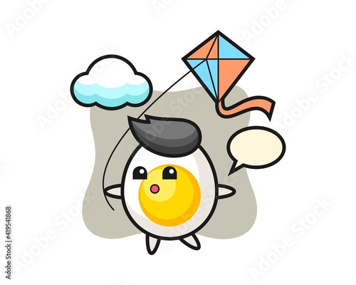 Boiled egg mascot illustration is playing kite