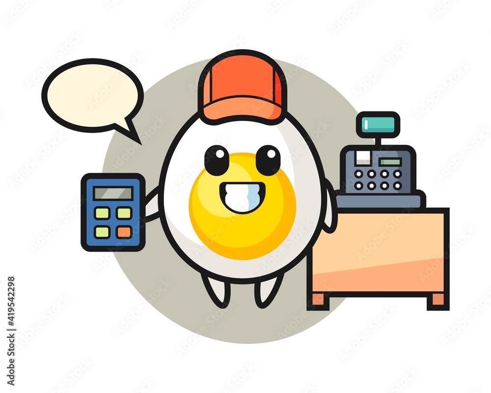 Illustration of boiled egg character as a cashier