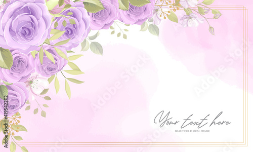 Beautiful floral frame background with purple roses