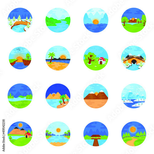  Set of Nature Landscapes in Flat Rounded Icons