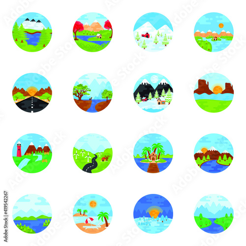  Set of Landforms in Flat Rounded Icons