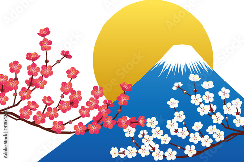 富士山と紅梅と白梅と太陽.ベクター素材