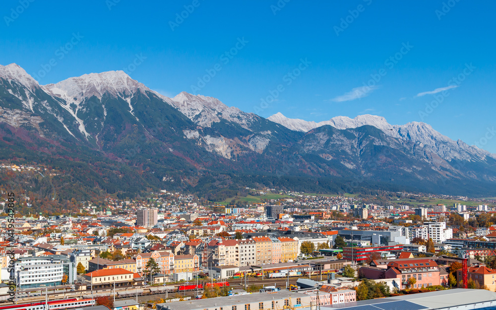 Amazing views of Innsbruck on the Inn River lies in the background with the beautiful Alps mountain range seen in the Tyrol province