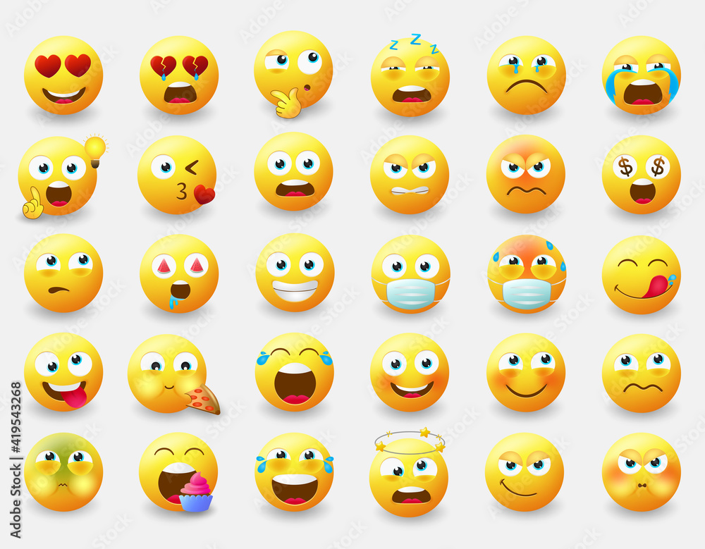 Smileys emoticon vector set. Smiley emoji characters with pose and emotions like happy, in love, eating and thinking in yellow face icon for avatar character collection design. Vector illustration
Smileys emoticon vector set. Smiley emoji characters with pose and emotions like happy, in love, eating and thinking in yellow face icon for avatar character collection design. Vector illustration