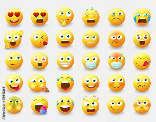 Smileys emoticon vector set. Smiley emoji characters with pose and emotions like happy, in love, eating and thinking in yellow face icon for avatar character collection design. Vector illustration
