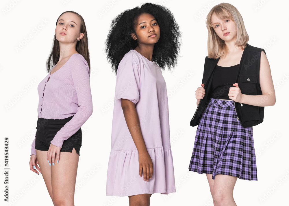 Fototapeta premium Stylish teenage girls in purple outfit grunge fashion photoshoot