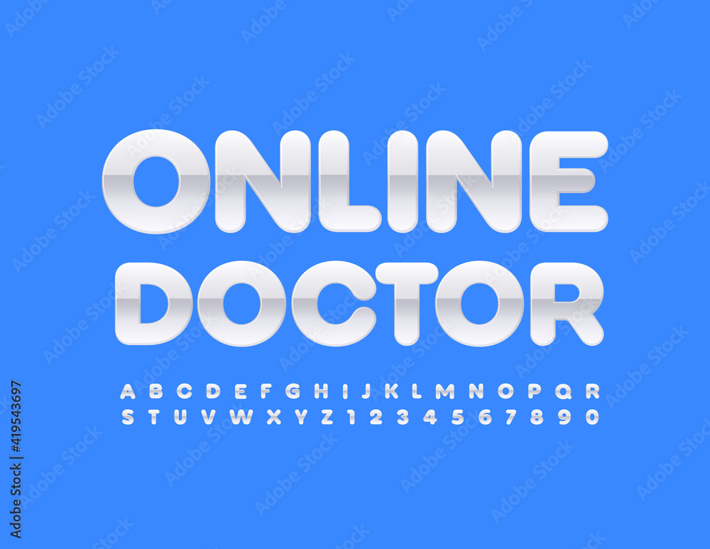 Vector modern sign Online Doctor. Glossy white Font. Set of Alphabet Letters and Numbers 