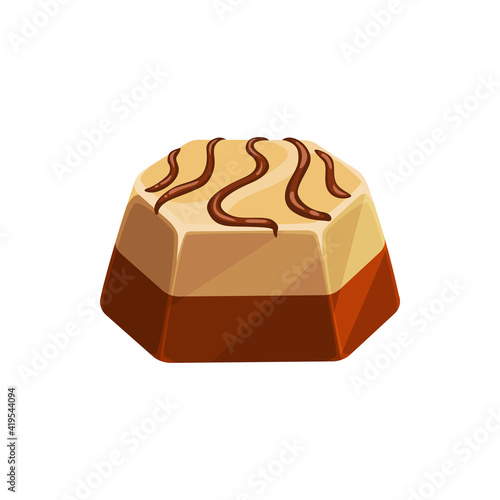 Chocolate candy isolated icon, vector sweet dessert confection. Chocolate candy comfit of white and dark chocolate with caramel topping, confectionery dessert sweets