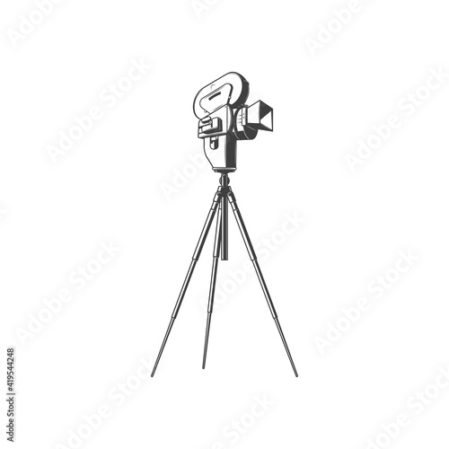 Vintage photocamera on tripod isolated movie making equipment monochrome icon. Vector retro cinematography device, antique photo or video camera on stand. Film projector, cinema recording device