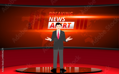 broadcaster on the blue stand with lcd background in the news studio room