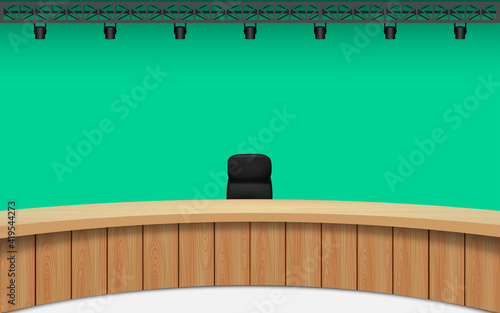 wooden table in news studio room with the green background