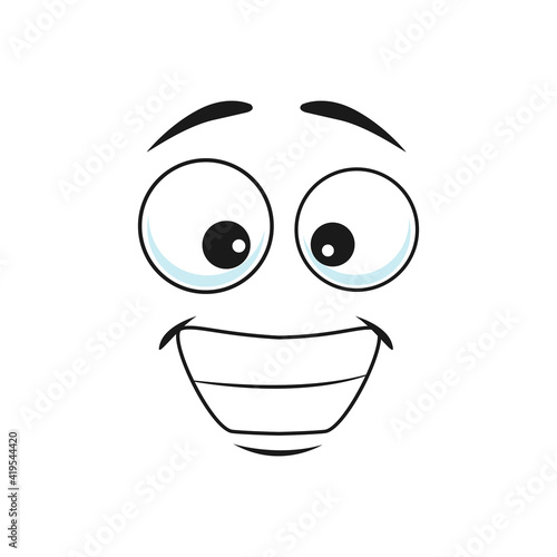 Smiling emoji with big toothy smile isolated icon. Vector grinning smiley showing teeth, happy face with broad smile. Emoji with big pop-eyes, social network speech element, chatbot friendly avatar