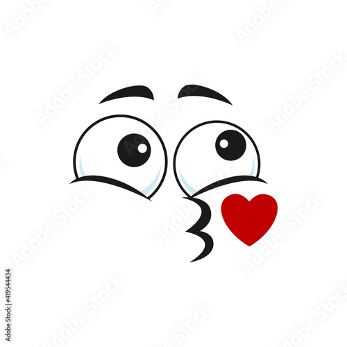Smiley blowing kiss isolated cartoon character facial expression in love. Vector kissing emoji face with red heart. emoticon giving kiss. Linear face and flying kiss, speech chart social network sign