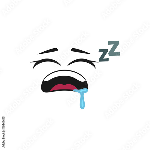 Sleeping emoji with falling saliva and z sign isolated icon. Vector emoticon fall asleep, tired person facial expression. Sleepy smiley, comic cheerful snoring emoticon with wide open mouth