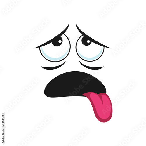 Burnout emoticon isolated icon. Vector exhausted face expression, no energy avatar with tongue out of mouth. Indifferent uncertain emoji, comic smiley head, depressed emoticon. Fatigue tired man