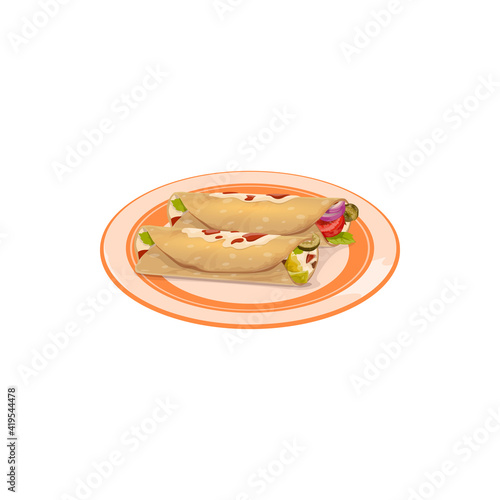 Burrito, grilled tortilla with meat and vegetables isolated mexican food on plate. Vector shaurma or shawarma street takeaway takeout dish. Spanish rolls with chicken or beef, tomatoes and greens