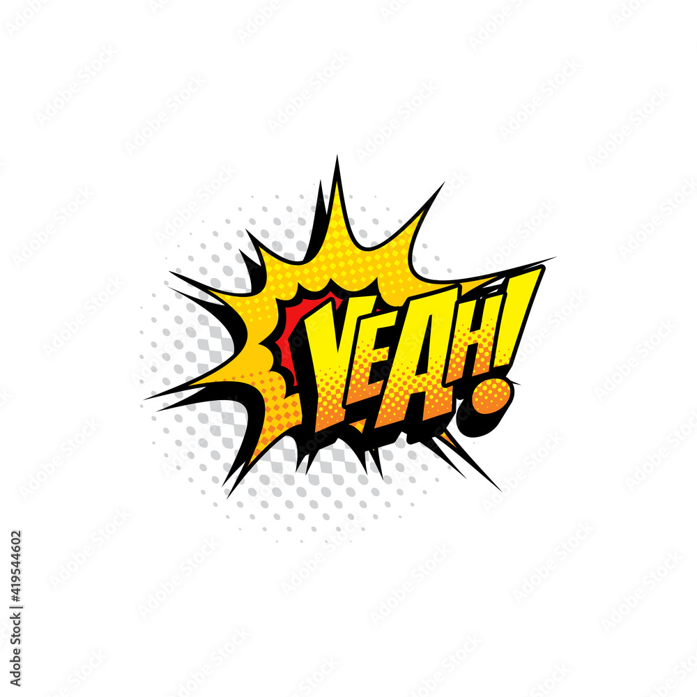 Yeah pop art comic bubble isolated half tone communication tag. Vector burst bubble with yes yep or yup sign, hello or think dialogue label. Comic chat retro colorful boom bang cloud, chat message Yeah pop art comic bubble isolated half tone communication tag. Vector burst bubble with yes yep or yup sign, hello or think dialogue label. Comic chat retro colorful boom bang cloud, chat message