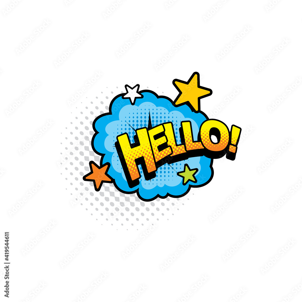 Pop art comic cloud, hello chat message isolated cartoon sticker tag with  stars. Vector Hallo Hullo