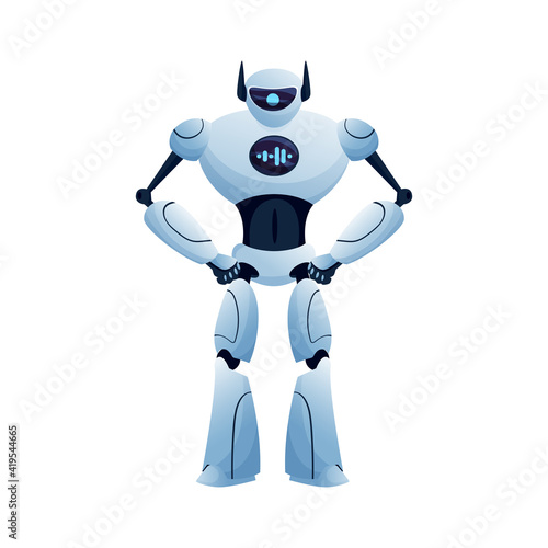 Cyber huge robot with chat display on body isolated hi-tech character, full length android. Vector cyborg robot with firearm in hands, robotic humanoid, plastic futuristic robot, sci-fi machine