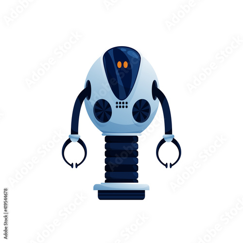 Industrial robot loader with grabs on hands and regulating high stand isolated realistic mechanical automation. Vector robot constructor, manufacturing cyber android, smart cyborg with metal captures