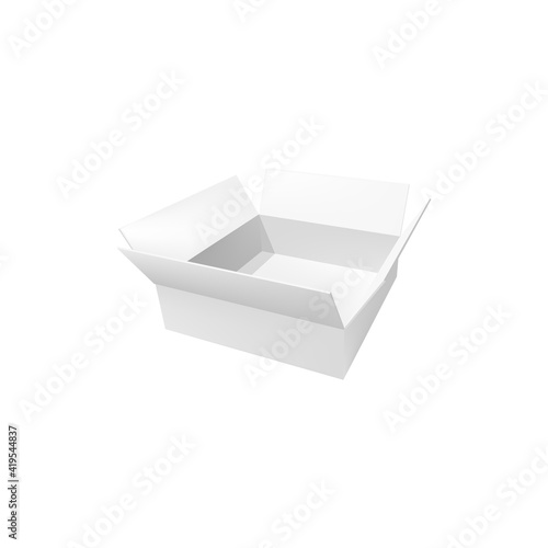 White box 3d vector mockup. Open carton paper blank pack, isolated cardboard package angle view. Delivery parcel realistic template, packaging container with flap lids