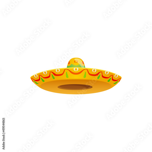 Mexican sombrero hat, festive cap vector icon. Isolated cartoon traditional costume straw headdress for celebration with colorful zigzag ornament. Spanish headwear for Mexico cinco de mayo festival.