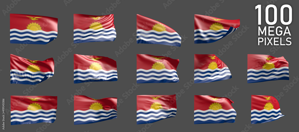 Kiribati flag isolated - various realistic renders of the waving flag on grey background - object 3D illustration