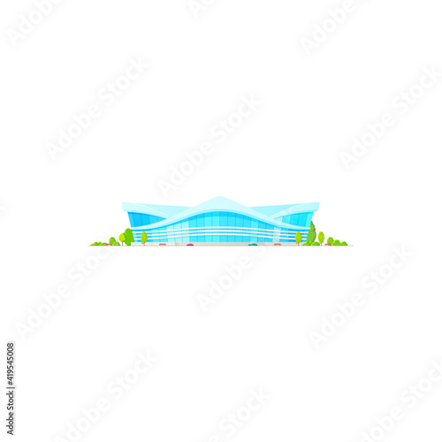 Exterior view of soccer football stadium isolated building with glass facade. Vector sport complex architecture, construction of public football, basketball or tennis arena. Hockey court exterior