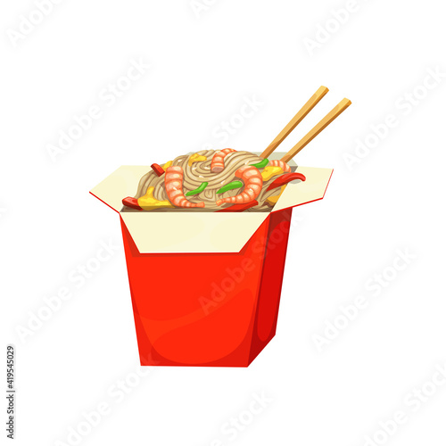 Noodles box, fast food menu Asian Chinese meals, vector isolated icon. Fastfood restaurant or street food Asian bistro delivery and takeaway meals, Chinese noodles with seafood shrimps and chopsticks