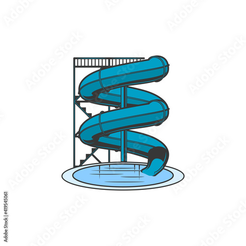 Water slide isolated waterpark wavy slider and pool icon. Vector tunnel slider with ladder or stairs, spiral pipe aquapark attraction. Flume or water chute recreational object use at water parks