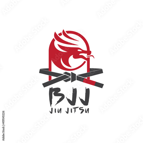 BJJ (Brazilian Jiu Jitsu) is a family of Japanese martial arts logo design combat calligraphy font with black belt knot, red dragon BJJ MMA Mixed Martial, Sports Logo, Icon, Sign
