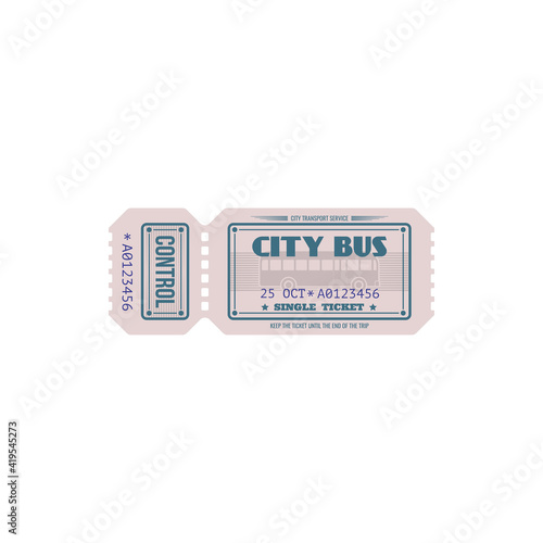 Bus ticket template isolated coupon on city transport service. Vector retro control tire-off line, keep ticket till end of trip. Public transportation by intercity bus, vintage one way paper cardboard