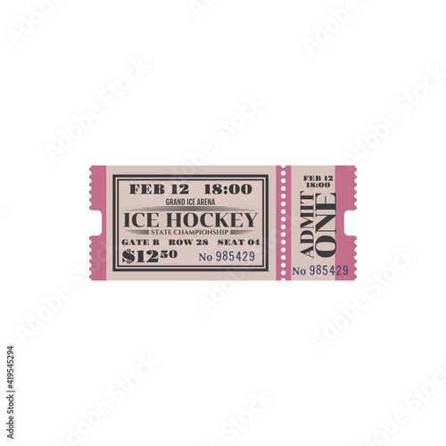 Ice-hockey championship invitation, state tournament championship admit one card. Vector full ticket on ice arena, price, date and gate, seat mention. Paper ticket admission on ice hockey game