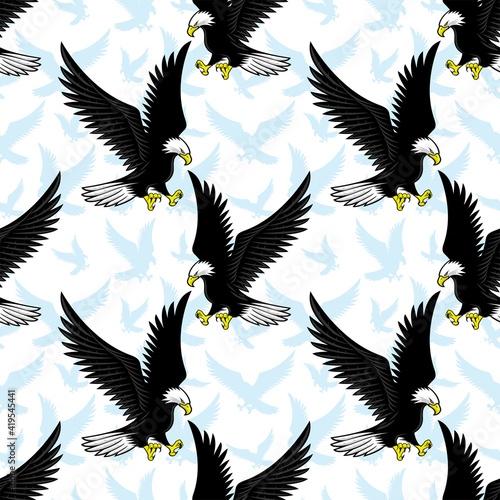 Seamless pattern with flying bald eagles on a white background.