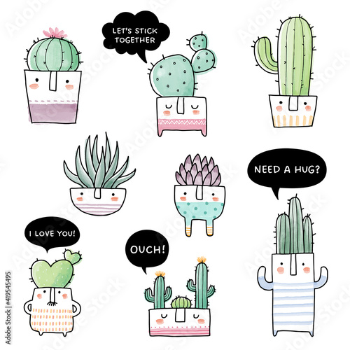 Collection of hand drawn potted cactus and succulent illustrations. Watercolor illustrations of potted cactus in whimsical style. Isolated on white background, vector illustration.