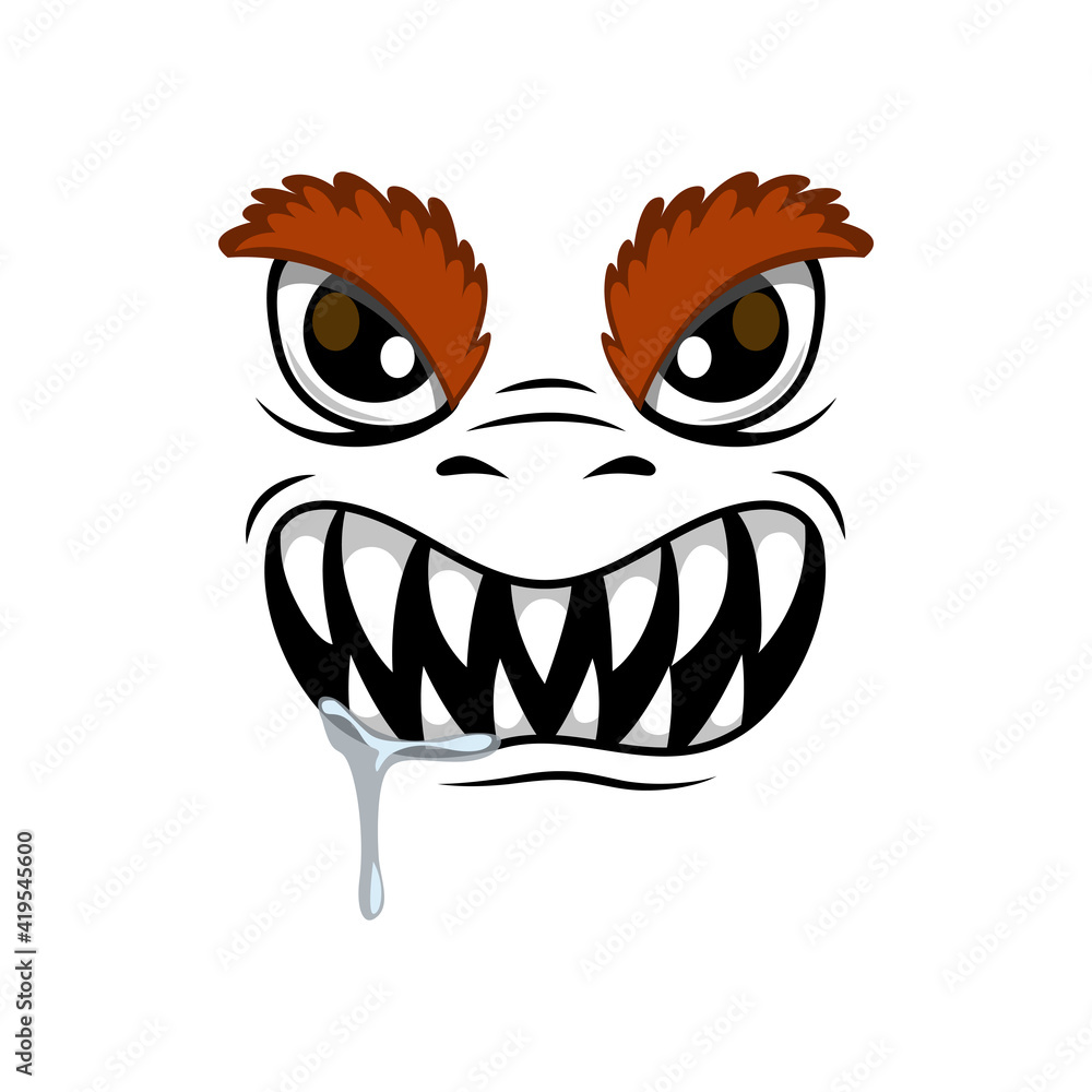 Fototapeta premium Monster face cartoon vector icon, creepy creature, emotion with hairy eyelids, angry eyes and roar mouth with long sharp teeth. Halloween ghost, alien or spooky emoji isolated on white background