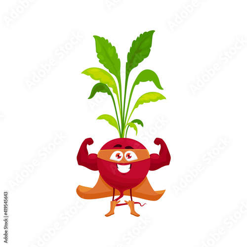 Cartoon radish super hero isolated vector icon. Funny vegetable in cloak and mask demonstrate power. Fairytale character, healthy food, vitamin superhero personage