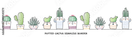 Seamless border with hand drawn potted cactus. Watercolor illustrations of cute and funny cactus on white background.