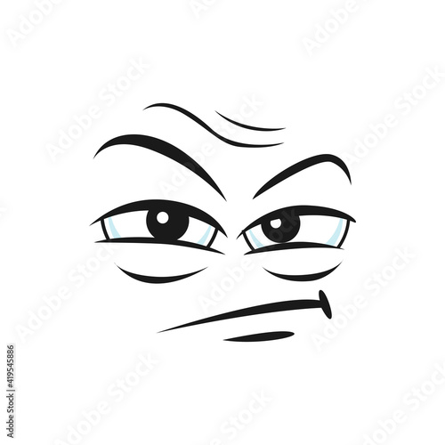 Doubtful smiley, disbelief mistrusted emoji facial expression isolated icon. Vector insidious emoticon with angry face. Distrusted sad mood emoji. Distrustful emoticon with big eyes and open mouth