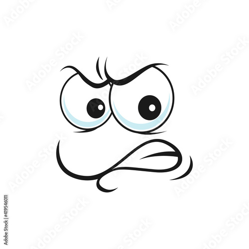 Questionable angry uncertain smiley isolated thin line doubtful face expression. Vector distrustful emoji with big eyes, doubtful questioned smile, suspicious emoticon face, distrusted mood
