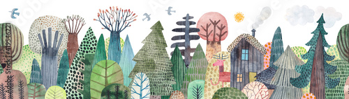 House in the forest. Cute watercolor illustration. Abstract forest. Wildlife. Forest view. Horizontal repeating border.