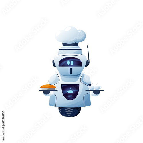 Cartoon robot chef, vector cyborg character in toque hold tray with bakery and cup of drink. Artificial intelligence technology, friendly bot on wheel with digital glow face and food symbol on display