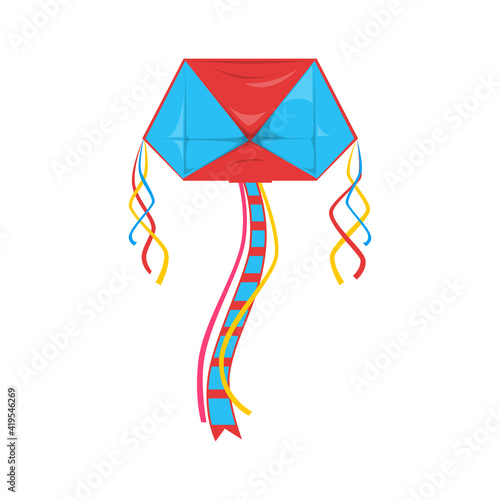 Color kite with string isolated kids toy, Uttarayan International Kites Festival symbol. Vector kite of blue and red color, weightless summer object. Sankranti recreation entertainment object