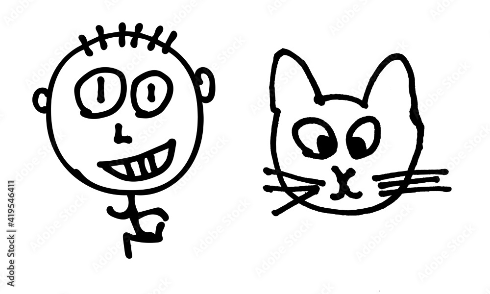 少年と猫（下手な手書きイラスト）boy and cat